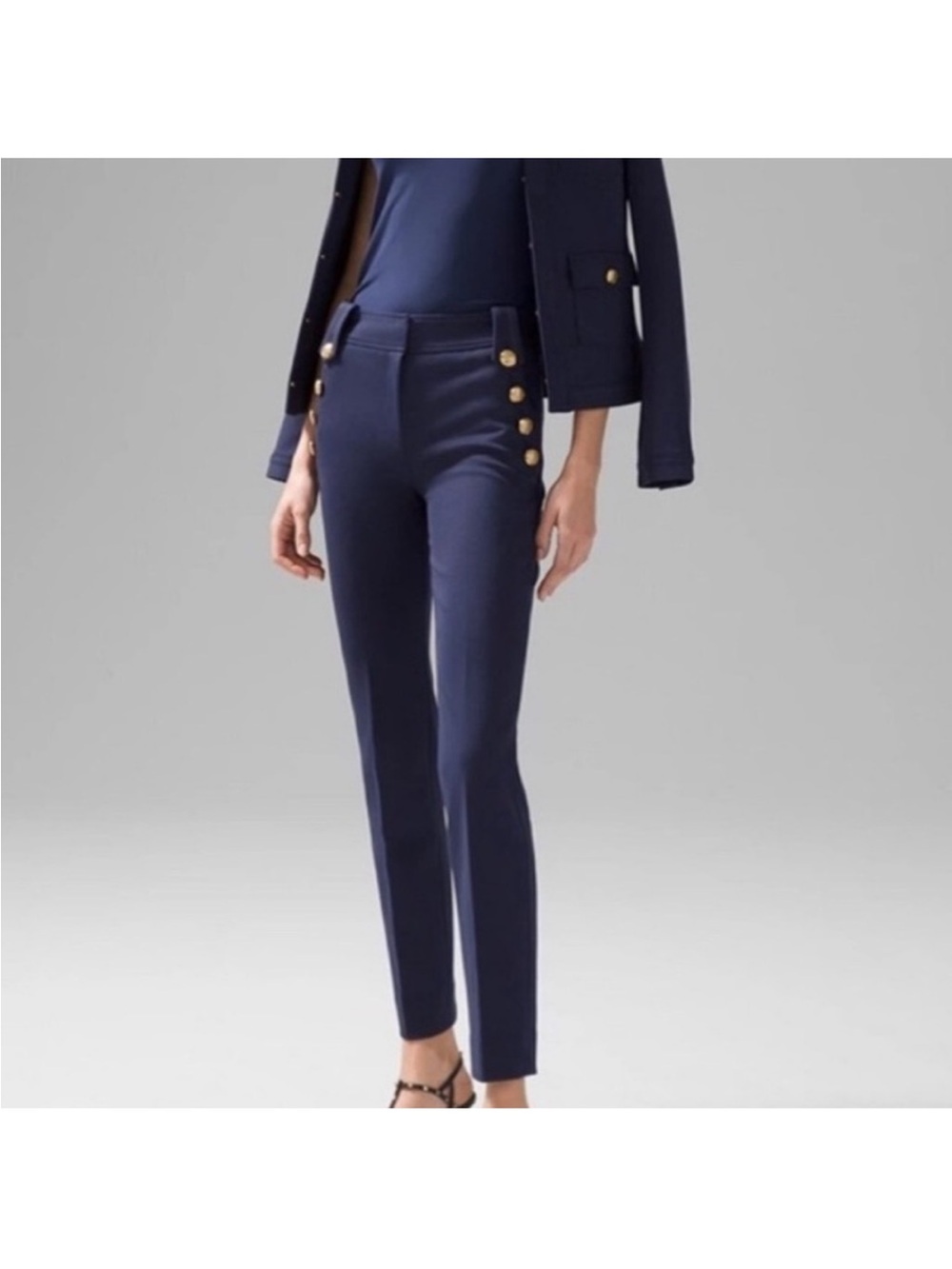 White House Black Market Navy Slim Ponte Pants with Gold Buttons